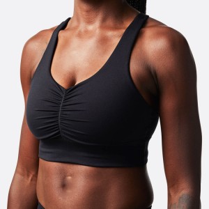 High Quality Back Phone Pocket Front Ruched Push Up Sports Yoga Bra For Women