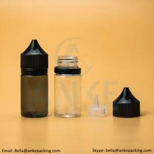Anke-CGU-V1: 30ml clear e-liquid bottle with removable tip can custom color-short