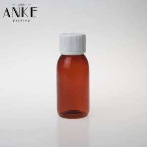 Amberkleurige PET-fles van 100 ml met witte kinderveilige verzegelde dop
