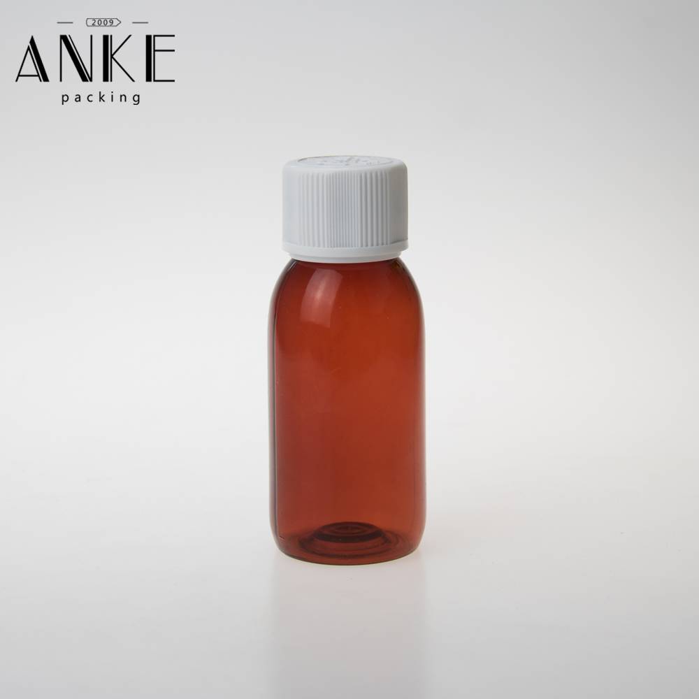 100ml amber PET bottle with white childproof tamper cap