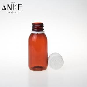 Amberkleurige PET-fles van 100 ml met witte kinderveilige verzegelde dop