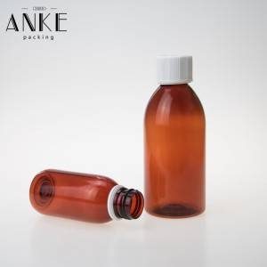 Amberkleurige PET-fles van 250 ml met witte kinderveilige verzegelde dop