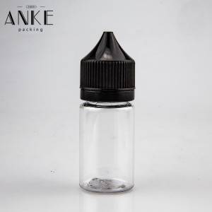 30ml CG युनिकॉर्न V1 लहान क्लिअर पीईटी बाटल्या काळ्या चाइल्ड टेम्पर प्रूफ कॅप्स आणि टिपांसह