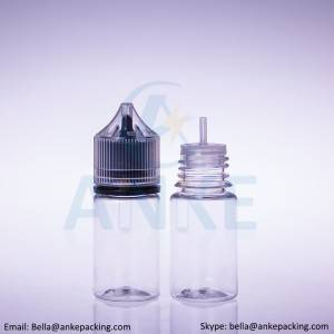 Anke-CGU-V3: 30 ml doorzichtige e-liquid fles met verwijderbare tip kan op maat worden gemaakt