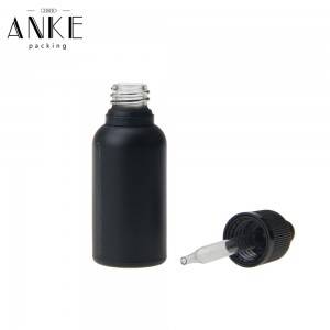 Botella de vidro negro mate de 30 ml con tapón antimanipulación para fiestras e nenos
