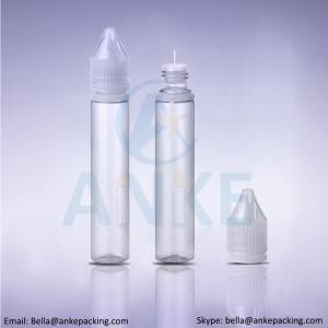 Anke-CGU-V3: 30 ml číra fľaša na e-liquid s odnímateľnou špičkou, ktorá si môže prispôsobiť farbu.