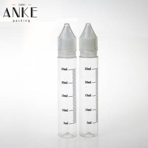 Botellas de PET transparentes máis longas CG unicorn V1 de 30 ml con tapas e puntas transparentes a proba de manipulacións para nenos