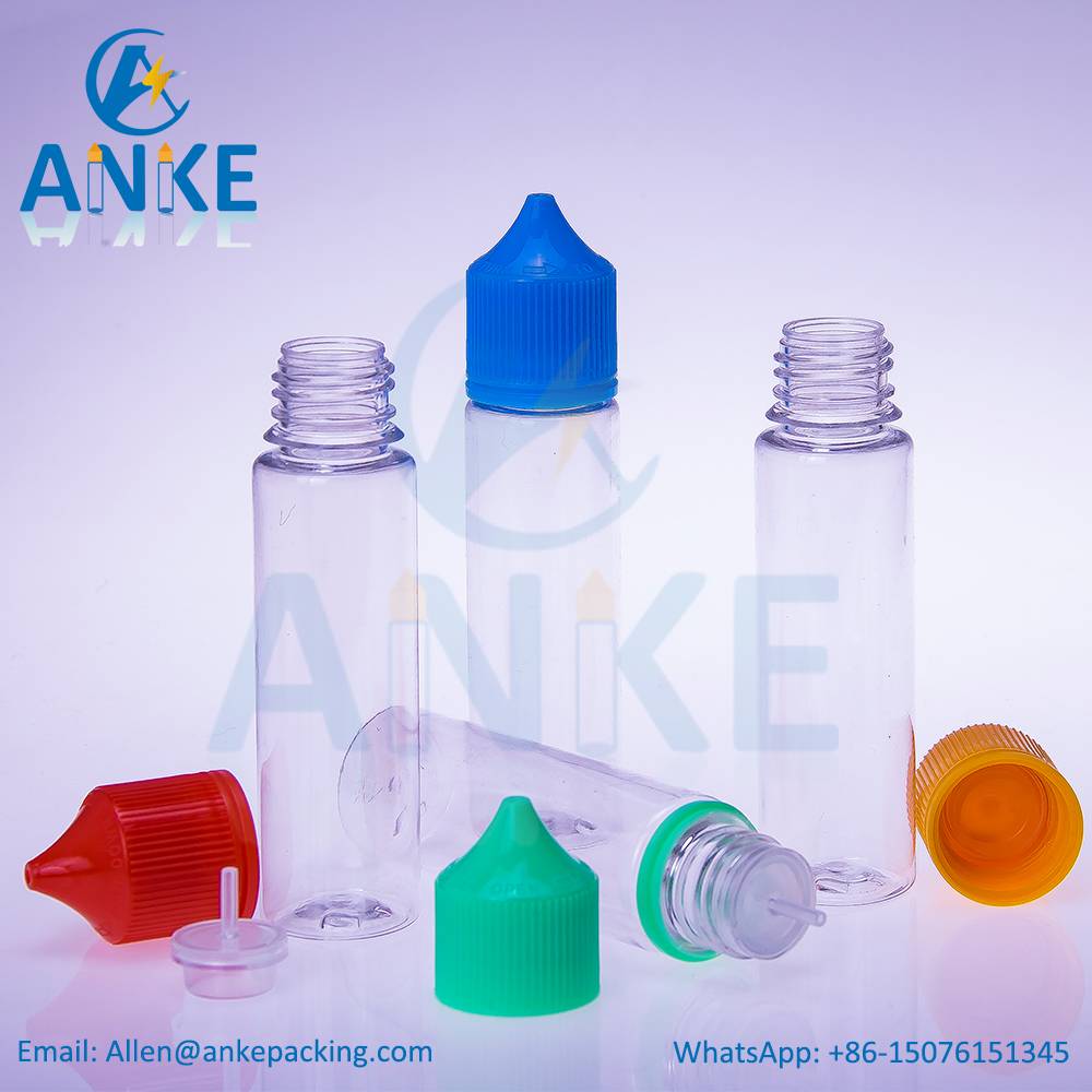 China Manufacturer for Oil Ejuice Squeeze Bottle -
 ANKE-Refill-V3: 60ml PET unicorn bottles with updated caps and screw tips – Anke