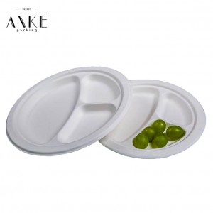 Eco-Friendly and Biodegradable White Sugarcane Pulp Bagasse Plate with 3 Compartments
