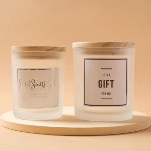 Customized Label Frosted Empty Glass Candle Jar with Wooden Metal Lid