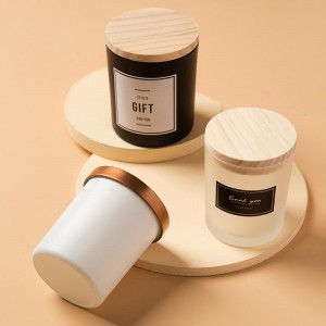 Black White Frost Glass Jars Candle Container with Metal Wooden Lid