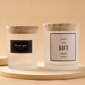 Customized Label Frosted Empty Glass Candle Jar with Wooden Metal Lid
