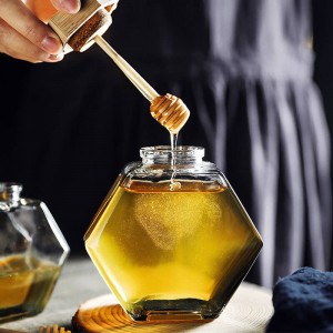 Pote de mel de vidro hexagonal com barra de agitação de bambu