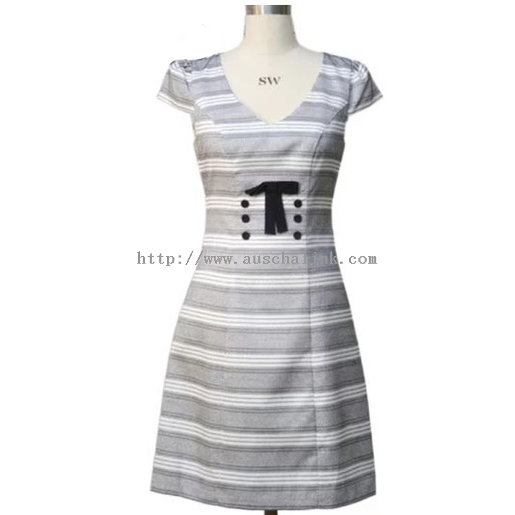 Elegant Short Sleeve Mini Dress With Grey Striped Bow