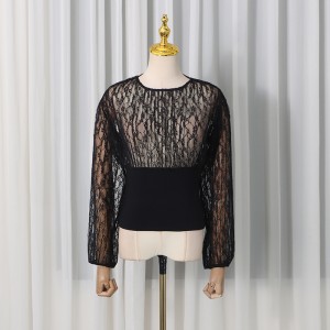 Fashion Lace Splice Slim Women Summer Blouse Tee