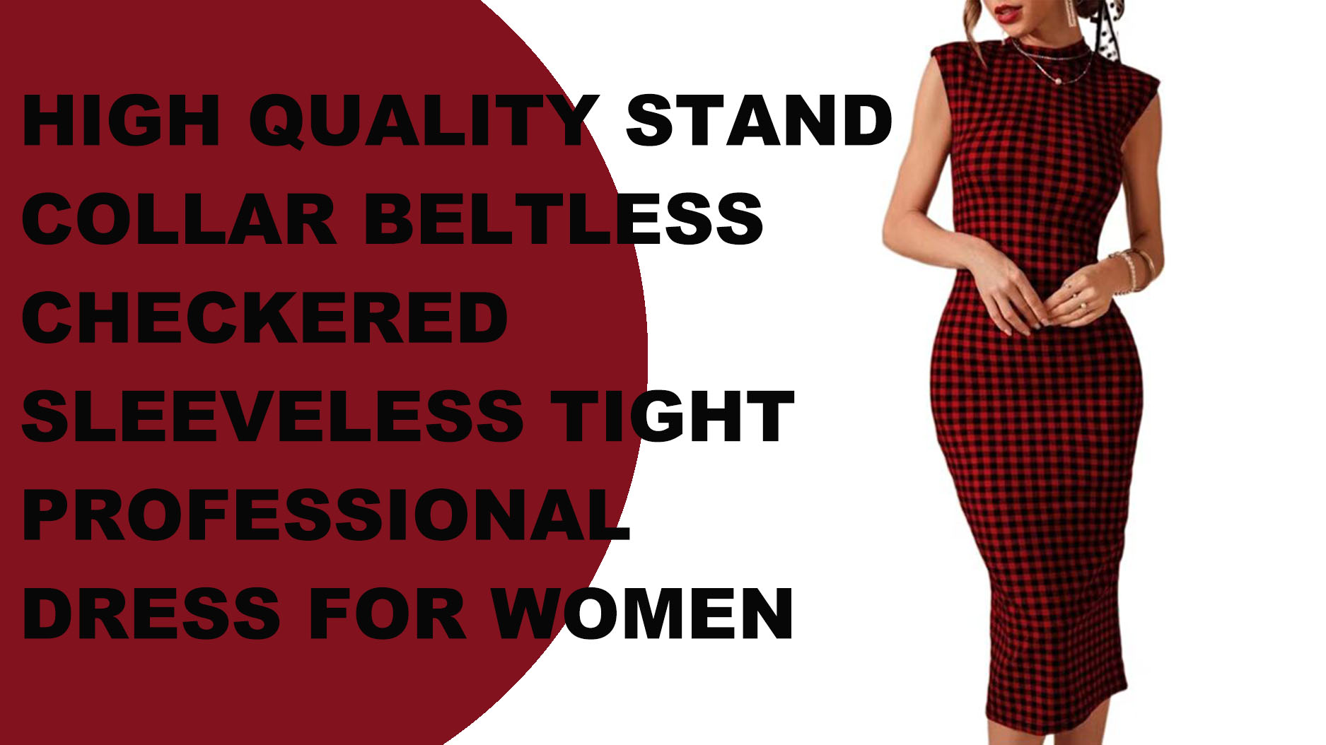 High quality stand collar beltless checkered dress for women