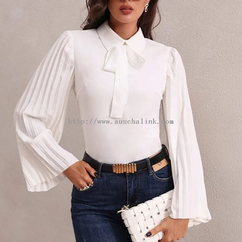 White Pleated Flared Sleeve Lapel Bow Office Shirt Woman