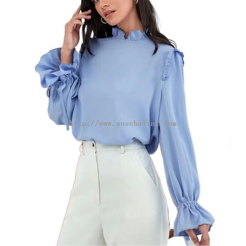 Blue Ruffled Stand Collar Elegant Professional Shirt Women