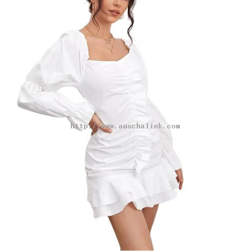 White Square Neck Puff Sleeve Cotton Mini Ruffle Dress