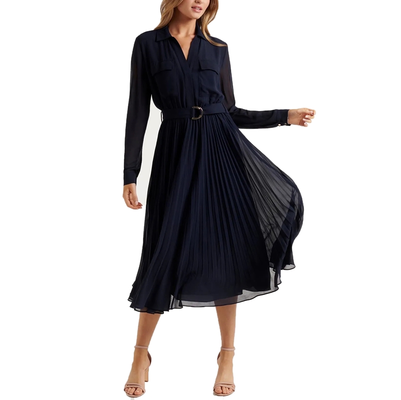 Ladies Long Sleeve Button Pleated Shirt Dress