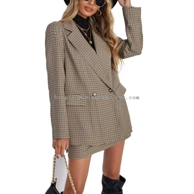 Custom Puffer Jacket - OEM/ODM Plaid Printed Lapel Collar Suit Jacket And Skirt Two-piece Professional Women – Auschalink