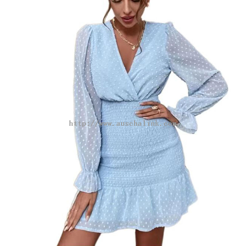 Woolen Party Wear Dress - OEM/ODM Swiss Polka Dot Parallel Crepe Seam Flounce Cuff Sleeve Flounce Hem Chiffon Elegant Dress – Auschalink