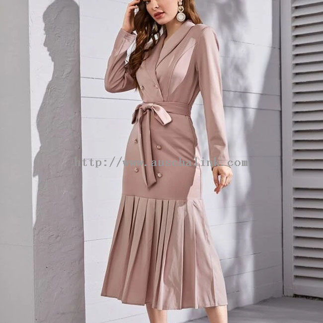 Beach Formal Dresses - 2022 New Double-breasted Shawl Collar Pleated Hem Belted Waist Carrer Suit Dress for Women – Auschalink