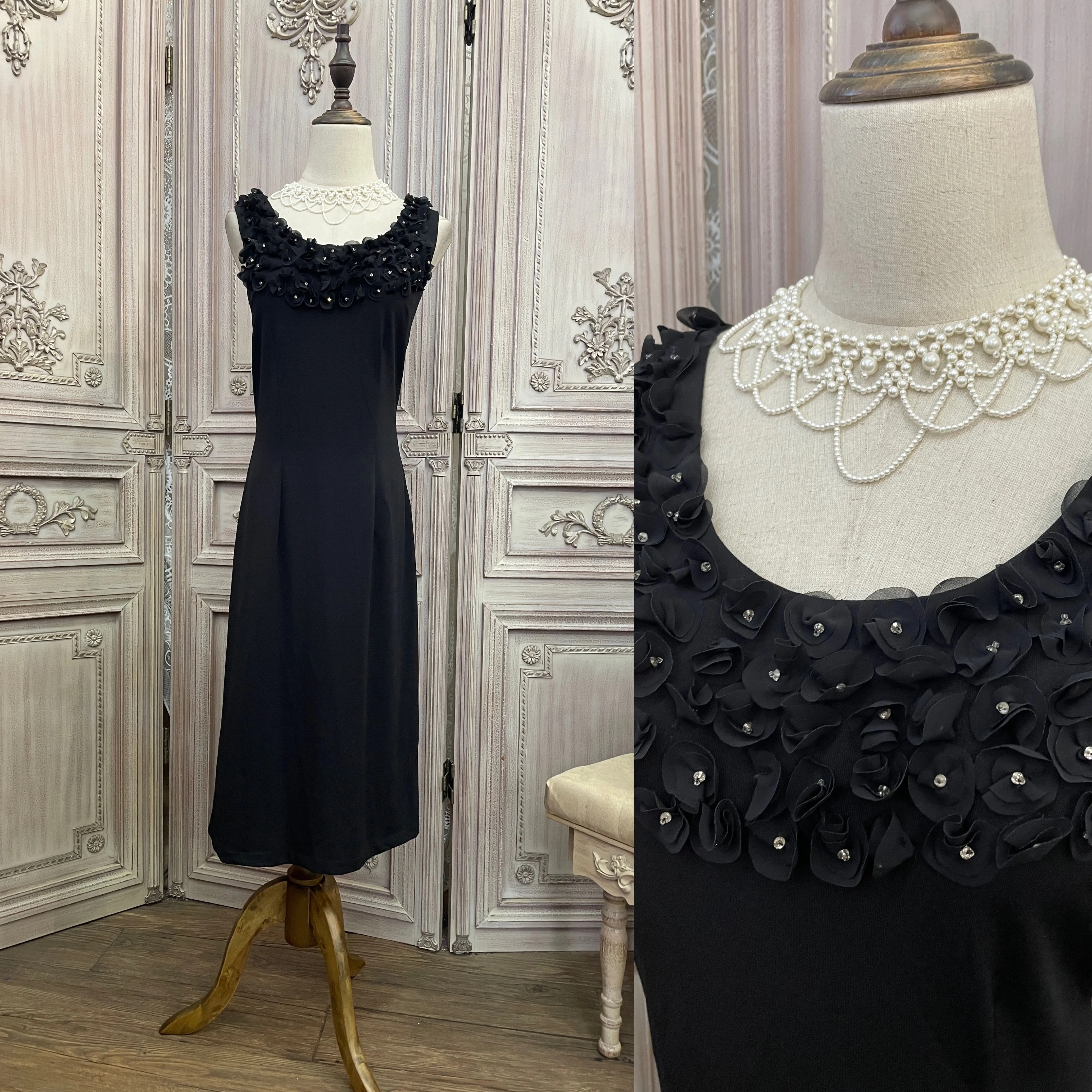 Black Embroidered Flower Vintage Dress