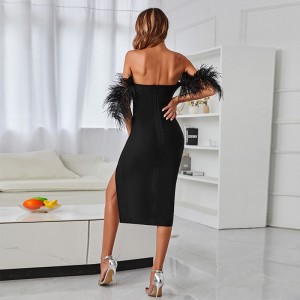 Black Feather Sleeve One Neck Sexy Skinny Dress