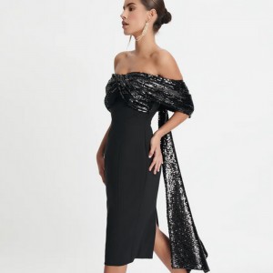 Black Sexy Beaded One Shoulder Evening Party Dress