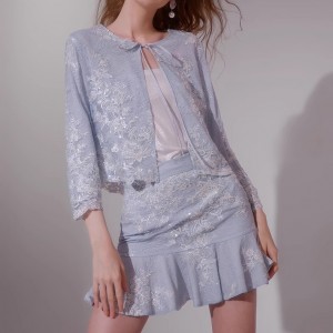 Crystal Lace Embroidered Cardigan Skirt 2 Piece Set