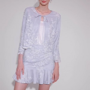 Crystal Lace Embroidered Cardigan Skirt 2 Piece Set
