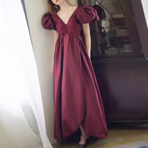 Custom Fabric Burgundy Elegant Dress Manufacturer