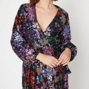 Custom Floral Sequin Wrap Midi Dress Factory