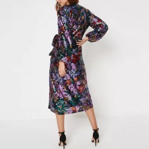 Custom Floral Sequin Wrap Midi Dress Factory