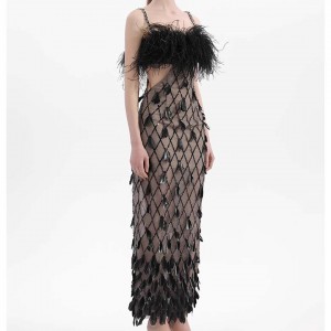 Custom Handmade Feather and Sequined Strapless Dress