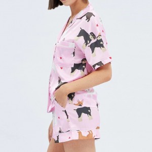 Custom Pink Print Satin Pyjama Set Factory