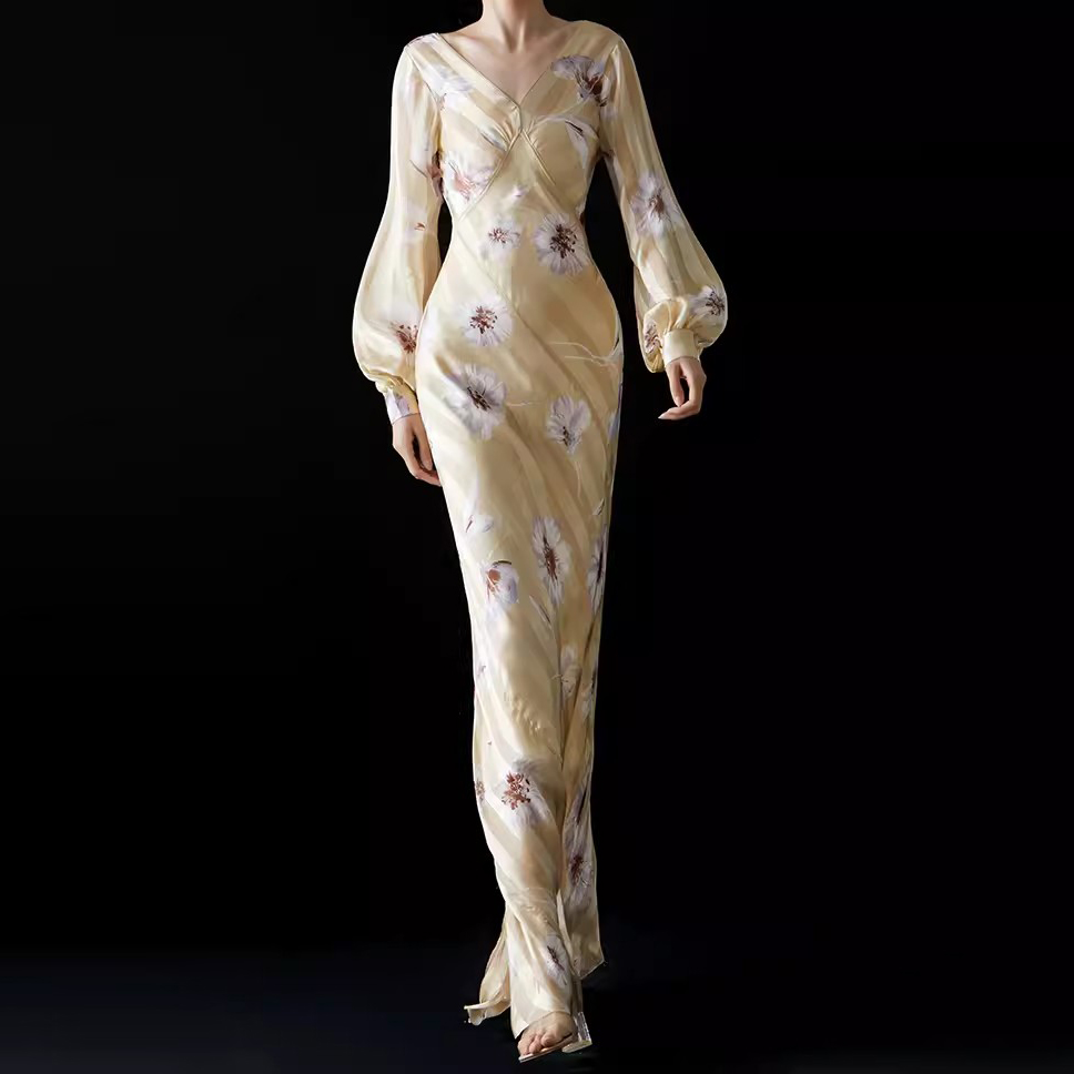 Custom Printed Silk Lantern Sleeve Long Dresses Manufacturer