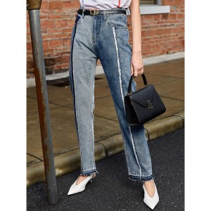 Custom splicing washed jeans women loose high waist