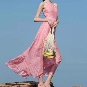 Customized Fabric Pink Chiffon Halter Long Dresses for Women