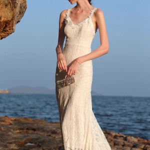 Customized Lace Wedding Backless White Fishtail Dresses