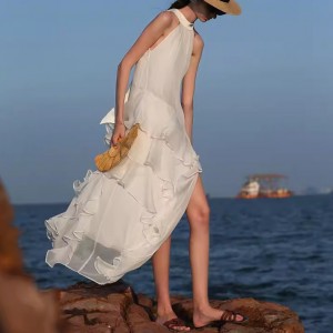 Customized Lace-up Ruffle Chiffon Seaside Cake Dress