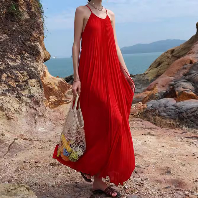 Customized Red Pleated Cami Beach Dress Long