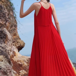Customized Red Pleated Cami Beach Dress Long