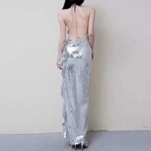 Customized Silver Sequin Backless Slit Dress Manufacturer