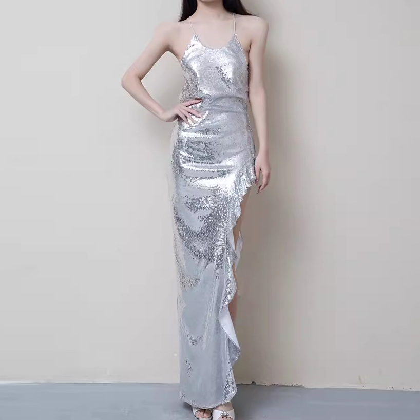 Customized Silver Sequin Backless Slit Dress Manufacturer