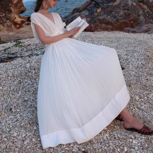 Customized White Elegant Seaside Pleated Beach Dress