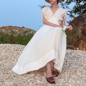 Customized White Elegant Seaside Pleated Beach Dress