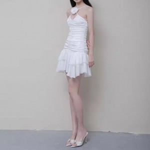 Customized White Rose Halter Ruffle Mini Dress