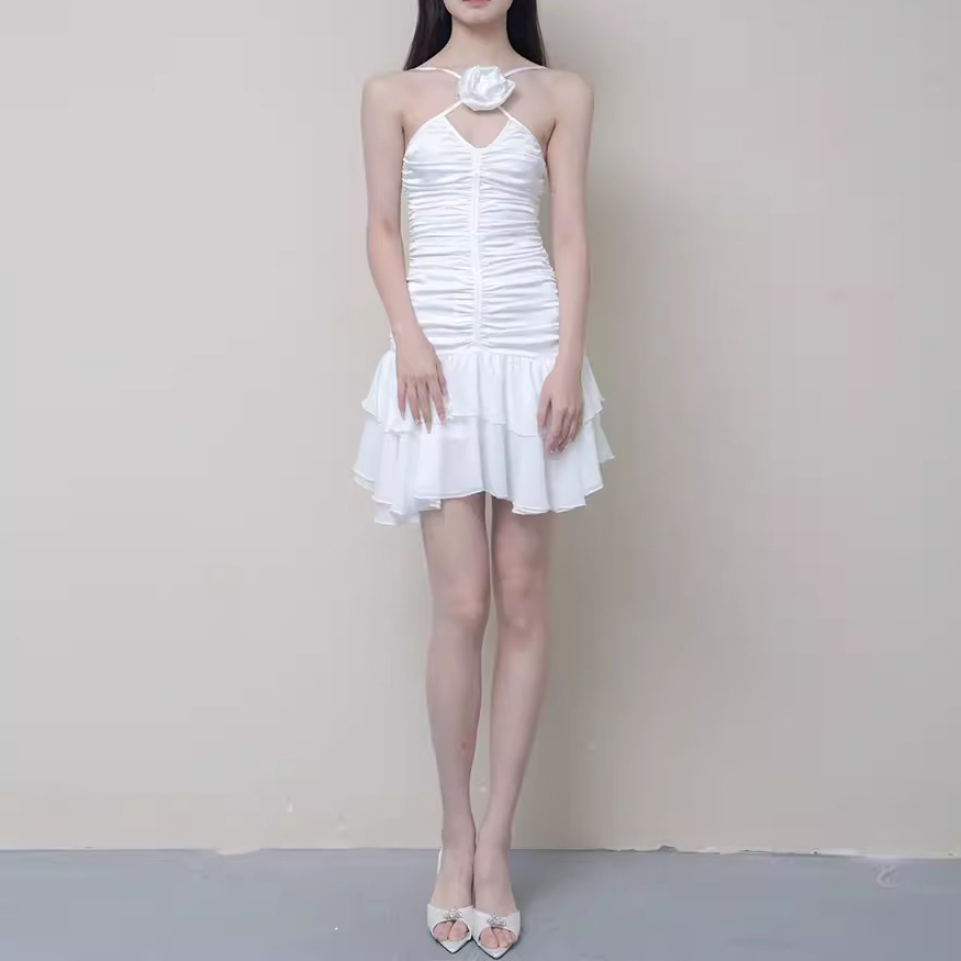 Customized White Rose Halter Ruffle Mini Dress